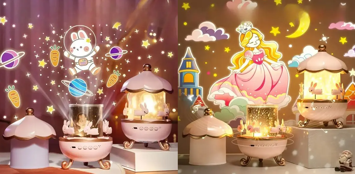 Bunny Carousel Night Light Projector – Rotating LED Star Projection Lamp for Kids Room & Magical Nursery Decor Rotatable Rabbit Night Lamp